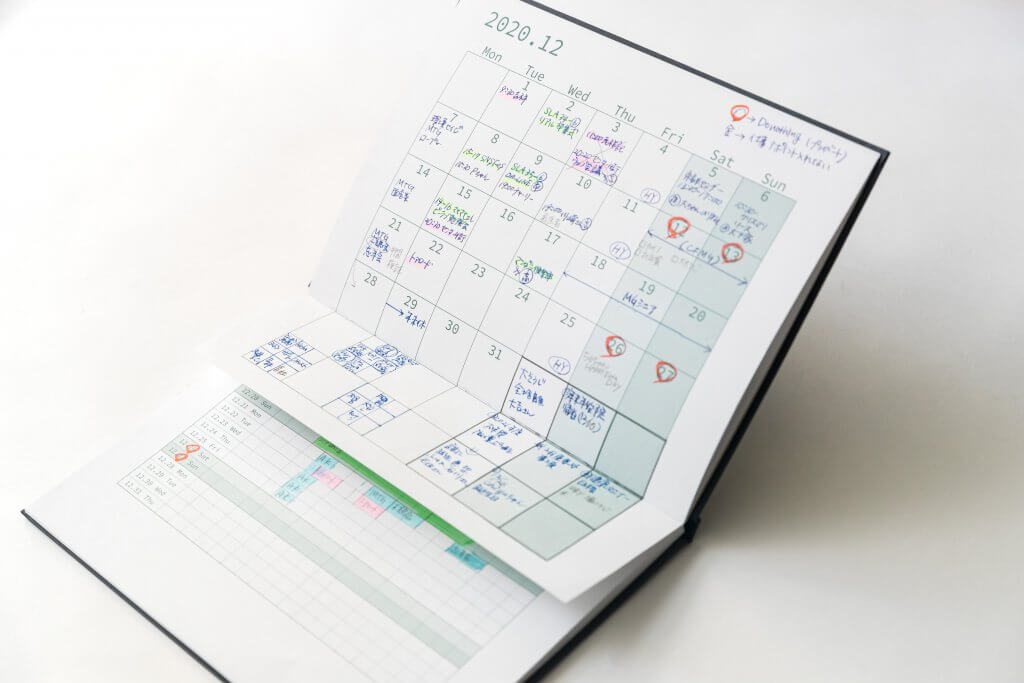 手帳M365記入事例 マンダラにヒントを得た独特のブロックマンスリーフォーマット