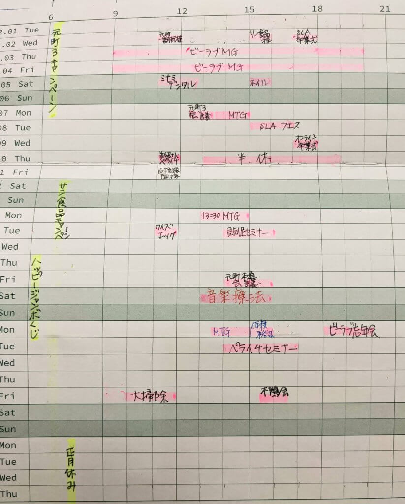 M365の記入事例:1日1行のホリゾンタルマンスリー