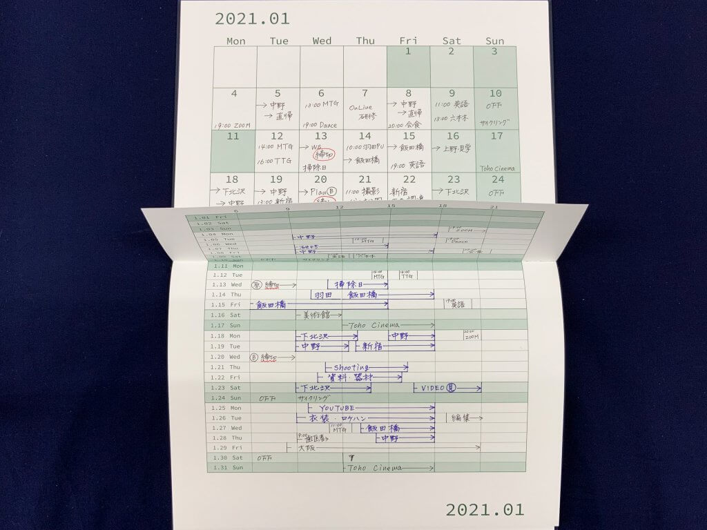 M365の記入事例:1日1行のホリゾンタルマンスリー